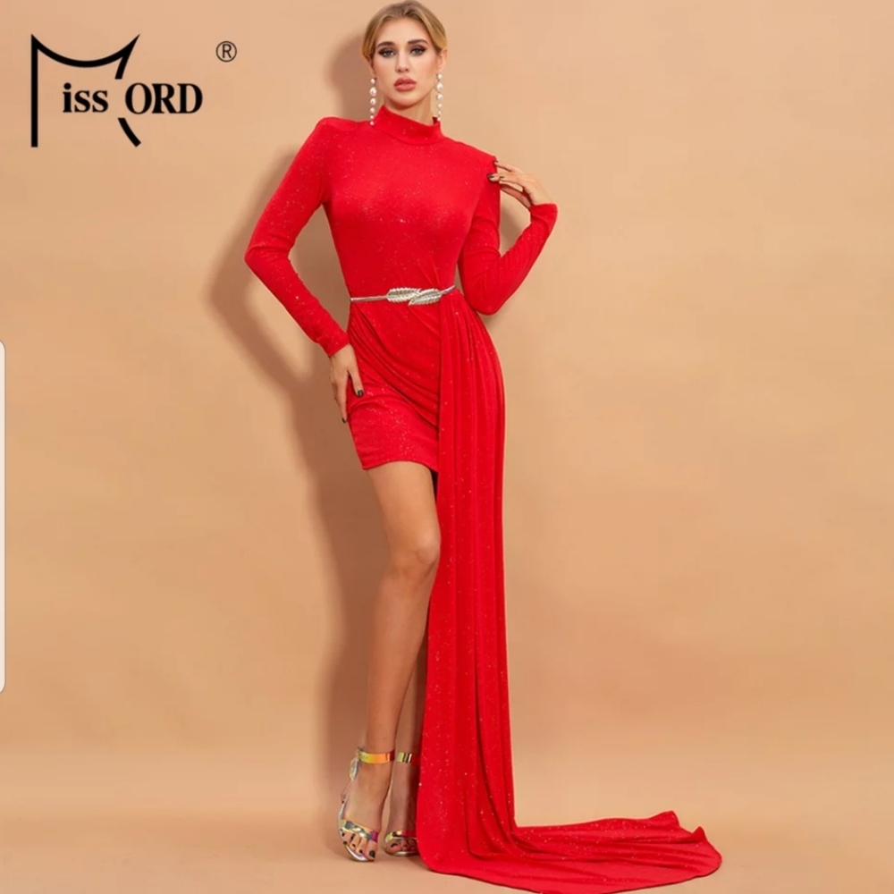 Missord hi neck mini dress with long sash and bel